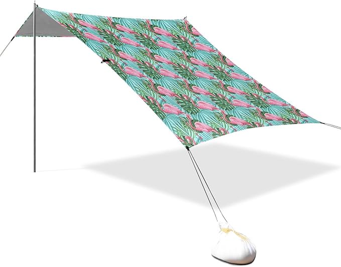 ALAZA Pink Flamingo Palm Leaves Beach Tent Sun Shelter UPF50+ Protection Beach Shade Canopy w/ 4 Sandbags for Outdoor Camping Fishing Backyard Fun Picnic 10x9 ft