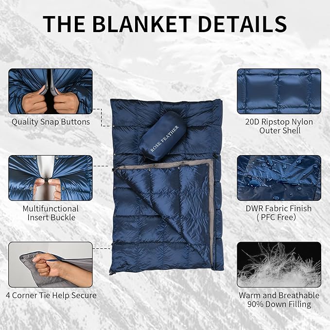 Down Camping Blanket - Lightweight Packable Warm &amp Puffy Outdoor Travel Quilt for Sleep Hiking Backpacking Stadium Festivals Water-Resistant Sleeping Bag 55x79