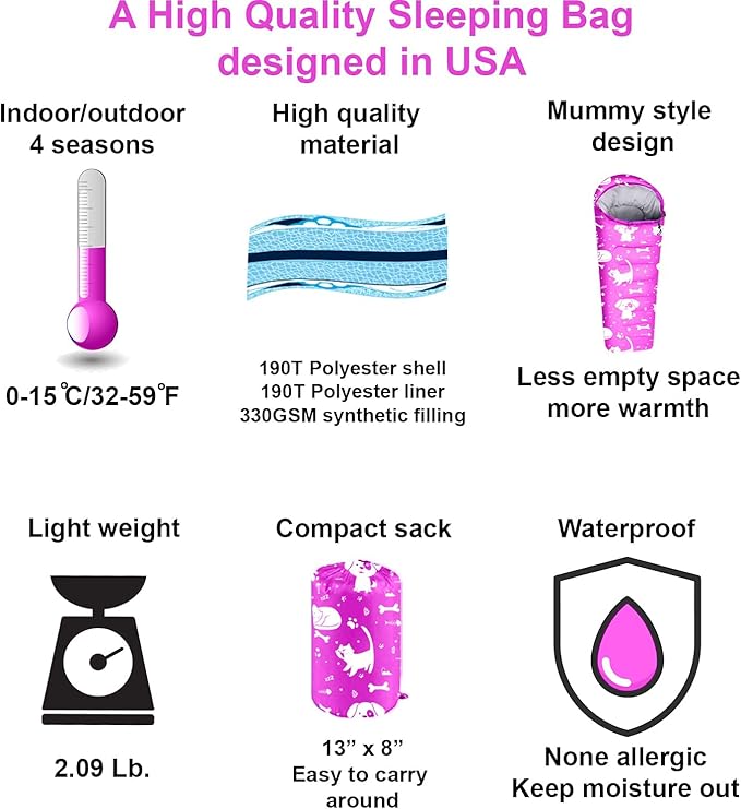 KidzAdventure Mummy Style 32 – 59F Kids Sleeping Bag with Pillow Sleeve 4 Season Lightweight and Backpacking Style Ideal for Camping Sleepover Boys Girls Youth and Toddlers