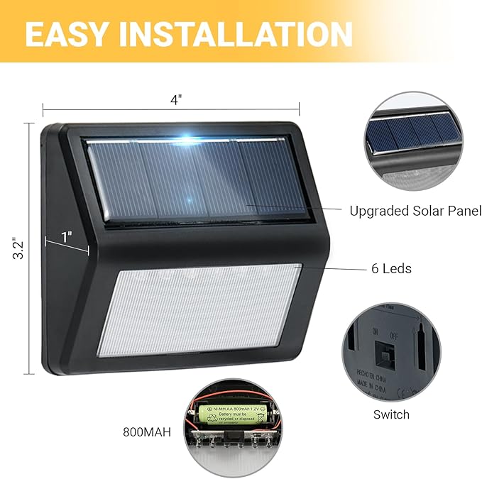 Bright Solar Fence Lights 12 Pack Outdoor Step Lights IP65 Waterproof 3000K Warm-White Dusk to Dawn Outdoor Lighting with 6 LED for Wall Garage Patio Exterior Porch