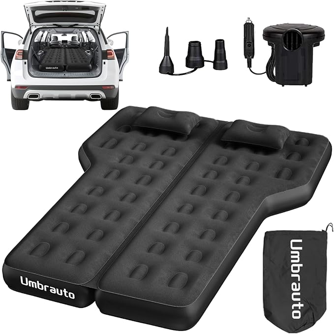 Umbrauto Heavy-Duty SUV Air Mattress w/Quick-Inflate Car Pump| Durable 2-Chamber Inflatable Van Sleeping Bed for Camping &amp Travel Leakproof PVC Flocked Top
