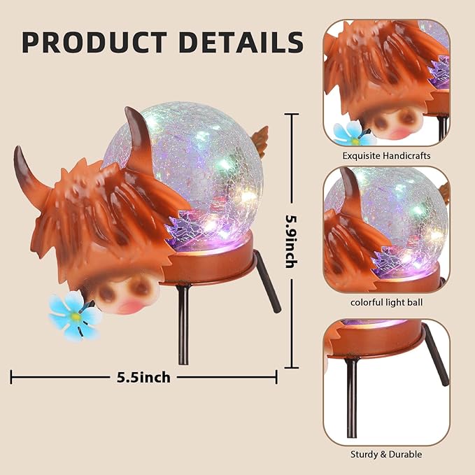 Solar Lights Outdoor Highland Cow Decor with Crackle Glass Globe Lights - Cute Metal Cow Decor for Yard Lawn Patio Porch Pathway Tabletop Housewarming Gifts for Mom Women
