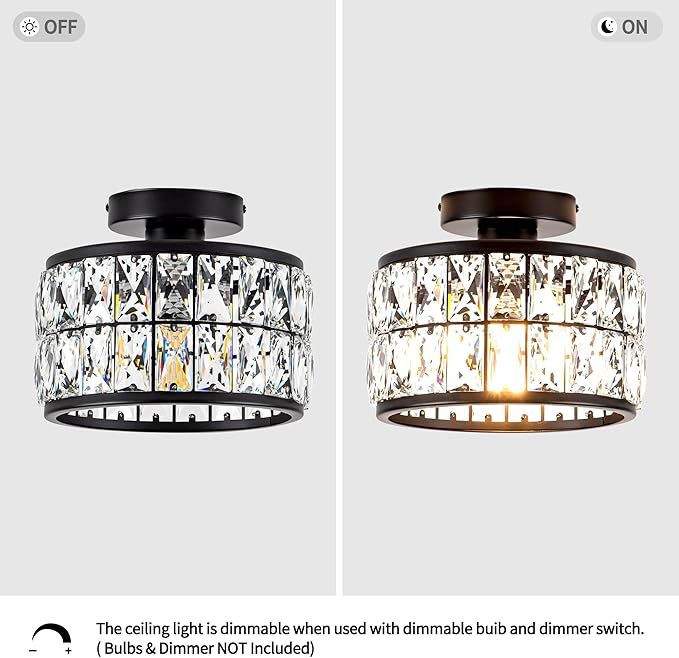 Crystal Ceiling Light Fixture Modern Semi Flush Mount Ceiling LightCrystal Chandelier for Kitchen Bedroom Bathroom Entryway Black Finish