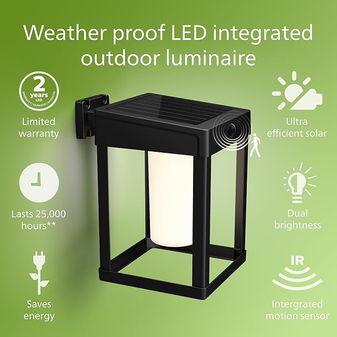 PHILIPS LED Ultra Efficient Solar Square Black Wall Lantern Outdoor 2-Pack Bright White (3000K) 250/20 Lumen (3W = 25W) Weather Resistant