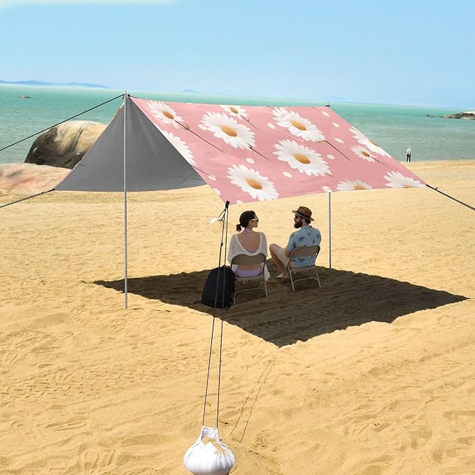 Daisy Pattern Pink Beach Tent Sun Shelter 9.2' x 10.5' Beach Canopy with 4 Sandbags 4 Stability Poles Sand Shovels - Tent Canopy for Beach Camping Fishing Picnics
