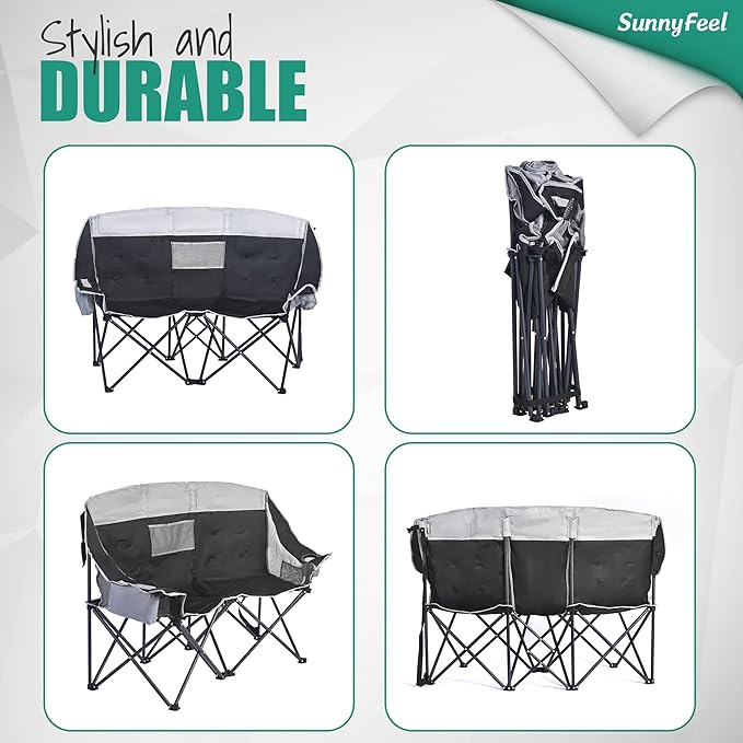 SUNNYFEEL Folding Double Camping Chair Oversized Loveseat Chair Heavy Duty Portable/Foldable Lawn Chair with Storage/Cooler for Outside/Outdoor/Travel/Picnic Fold Up Camp Chairs for Adults 2 People