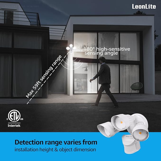 LEONLITE COB LED Security Lights Motion Sensor Aluminum Flood Lights Outdoor 3 Modes Motion Detector+Dusk to Dawn+Switch Control 100-277V Adjustable 3-Head IP65 ETL 5000K Daylight White