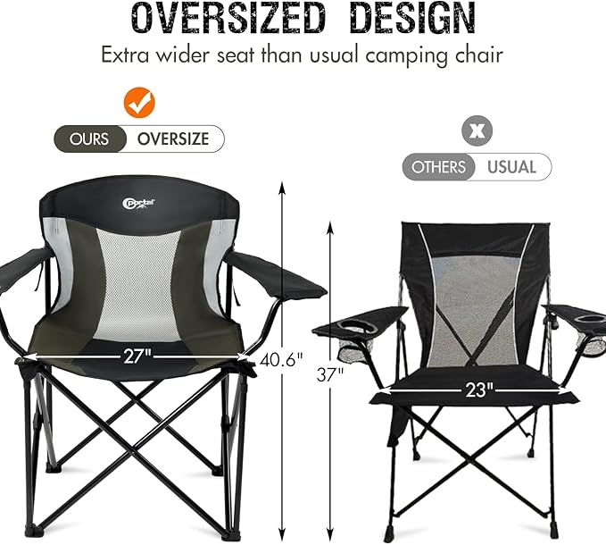 Portal Oversized Camping Chair Big and Tall Folding Camp Chair Portable Lawn Chairs Heavy Duty Foldable XXL Outdoor Camping Chair for Adults Support Up to 600 lbs Black/Grey