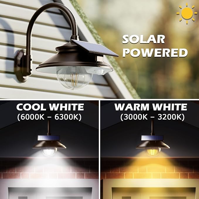 SIEDiNLAR Solar Barn Light Outdoor 3 Modes 2 Lighting Garage Shed Light Gooseneck Farmhouse Wall Light Waterproof with Remote/Motion Sensor for Garage Barn Shed Chicken Coop Dark Bronze (2 Pack)