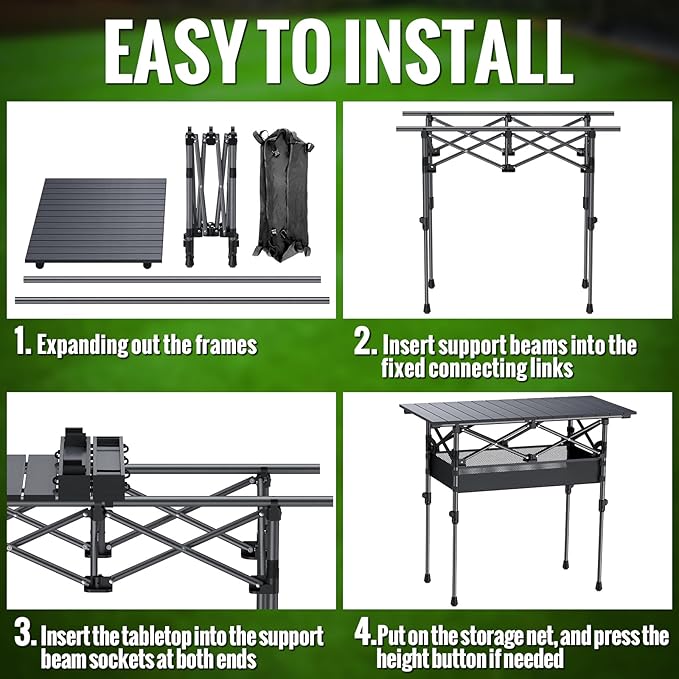 GARLLEN Folding Camping Table 2-Height Adjustable Portable Roll-up Camping Table with Storage Net Lightweight Aluminum Picnic Table with Carrying Bag for Cooking BBQ Outdoor 32.2 L x 15.7 W