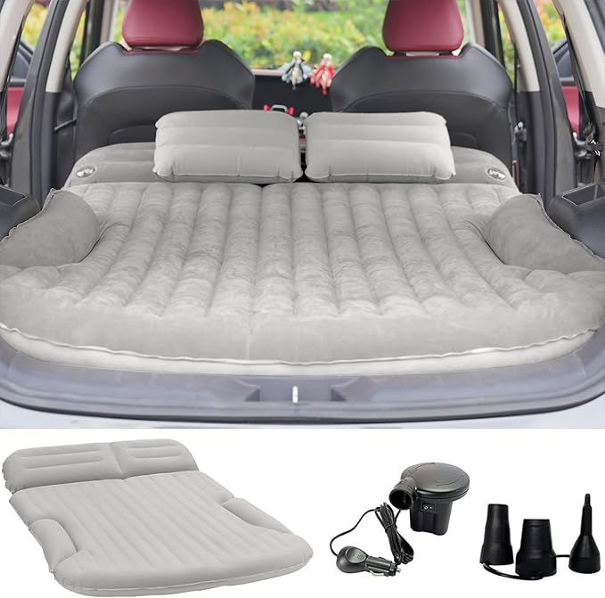 KMZ SUV Air Mattress Thickened and Double-Sided Flocking Travel Camping Bed with 2 Pillows &amp Electric Pump Dedicated Mobile Cushion Inflatable Bed for SUV Trunk and Rear Seat (Light Gray)