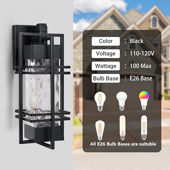 Outdoor Front Porch Light Fixtures Wall Mount Water Ripple Outdoor Wall Lantern2 Pack Black Exterior Lighting Fixtures Waterproof Sconce Lights Outside Lantern Lamp for Garage(Bulb Included)