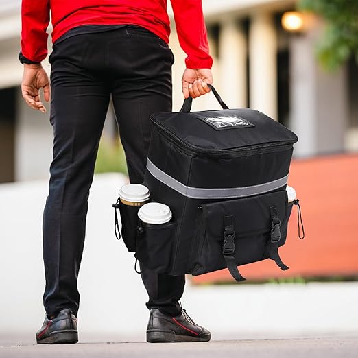 Food Delivery Backpack Insulated Reusable Pizza Delivery Bag with 4 Cup Holder Waterproof Thermal Catering Bags Reflective Strip for Delivery Bike Hot Cold Food Camping