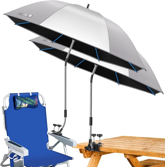 Beach Umbrella 2PACK 48.7inch Chair Umbrella with Clamp adjustable 360° UV Protection Large Camping Chair Umbrellas for Camping chair Glof CartTable(ChairTable not include)