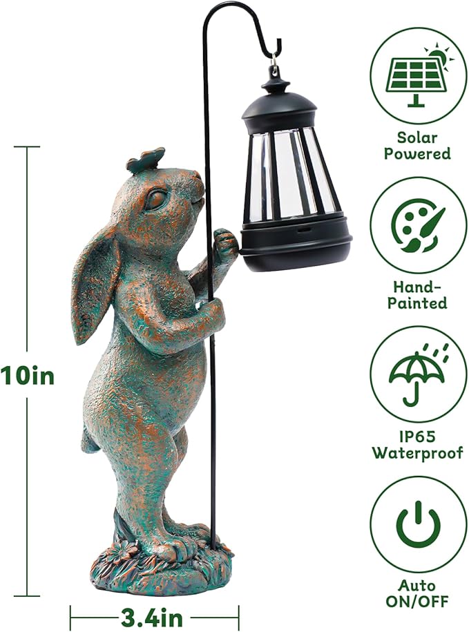 Garden Statues Outdoor Bunny with Solar Lantern – Rabbit Yard Decor Waterproof Resin Figurine Pathway Light for Lawn &amp Patio