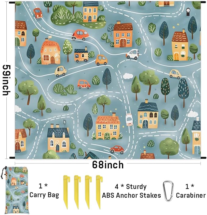 Waterproof Sandproof Beach Blanket 59''×68'' Landscape Polyester Outdoor Picnic Blanket with 4 Stakes &amp Storage Bag for BeachCampingVacation Map