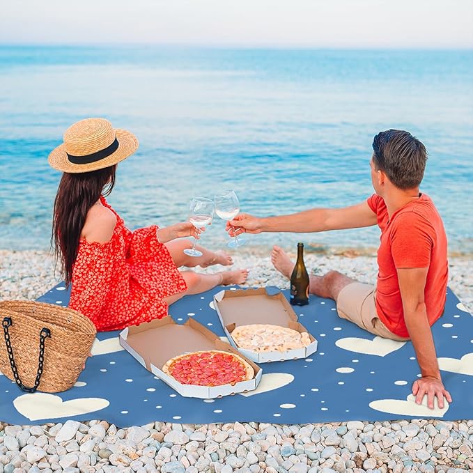 Waterproof Sandproof Beach Blanket 59''×68'' White Polka Dot Heart Polyester Outdoor Picnic Blanket with 4 Stakes &amp Storage Bag for BeachCampingVacation