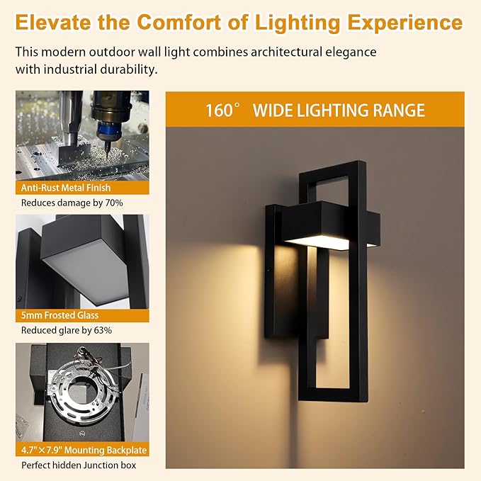 LamQee Outdoor Wall Lights Modern Exterior Lighting Fixtures 3000K Integrated LED Outdoor Wall Sconce Lighting 2 Packs Matte Black Outside Wall Mount Lights for House Front Door Porch Garage Patio