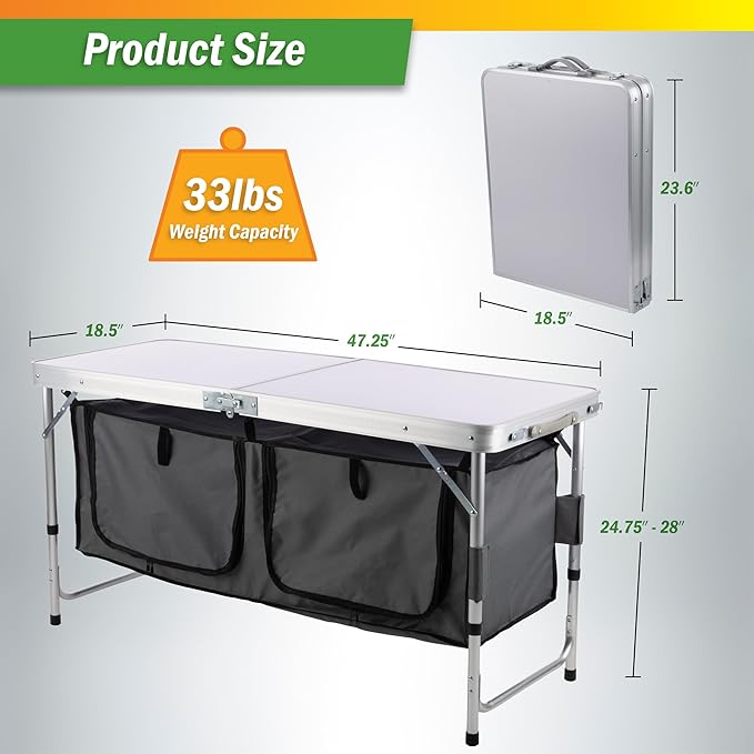 Folding Camping Table with Storage - Lightweight and Portable Aluminum Camp Table with Adjustable Height for Outdoor Travel Beach BBQ Party Picnic and Glamping by Wakeman Outdoors