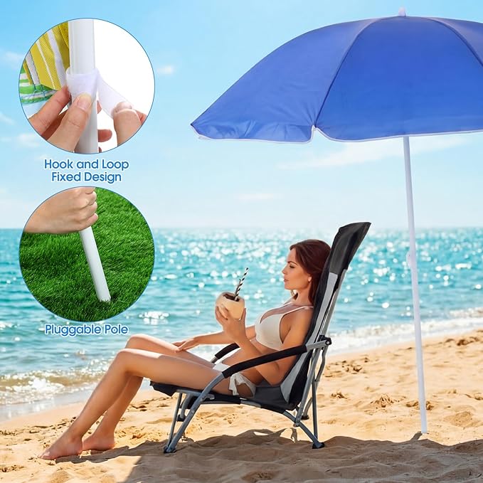 Huwena 2 Pack Beach Chair for Adult with 2 Umbrella Low Folding Chair Detachable Adjustable Lightweight with Armrests Cup Holder Carry Bag Portable for Sand Camping Travel Outdoor Pool (Multicolor)