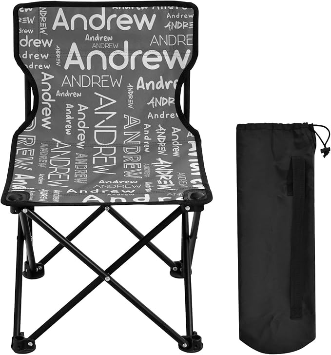 Sinestour Dark Gray Custom Folding Camping Chair for Teen Child Personalized Name 14.6×14.6in Portable Outdoor Chair with Carry Bag for Beach Picnic Travel