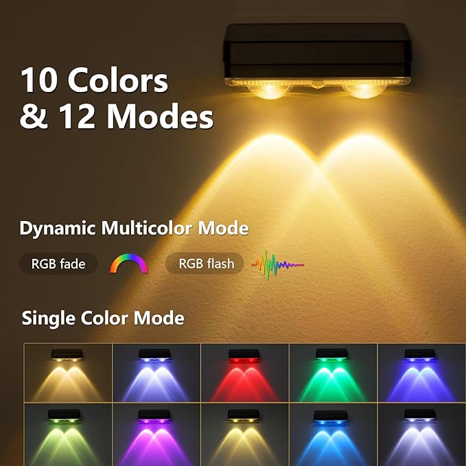 VOLISUN Solar Fence Lights Outdoor 12 Pack 10 Colors ＆ Color Changing Fence Lights Solar Powered Fast Charging IP65 Waterproof LED Solar Lights for Fence Backyard Garden Railing Deck Patio