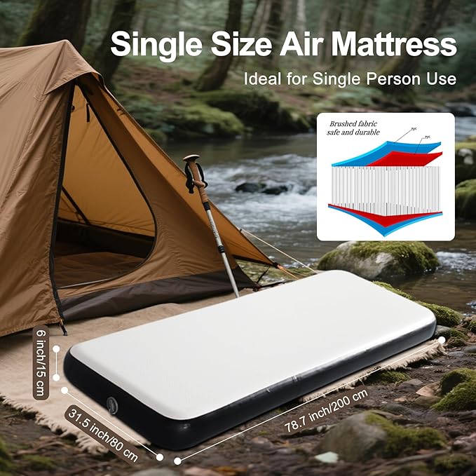 Twin Size Inflatable Air Bed Mattress 8'' Elevated Pad with Pump Wood Grain Hypo-Allergenic Portable Outdoor Camping Mat