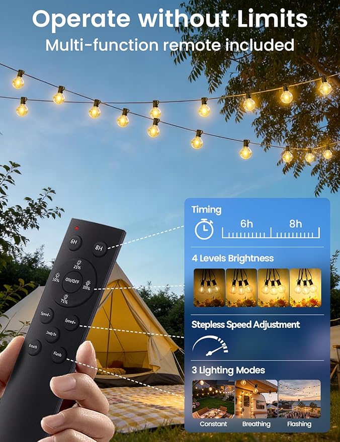 Brightever 100FT Solar String Lights Outdoor with Remote and 36+2 LED Shatterproof G40 Bulbs Dimmable &amp Timable 3 Lighting Modes Waterproof Solar Power Outdoor Lights for Patio Garden Wedding