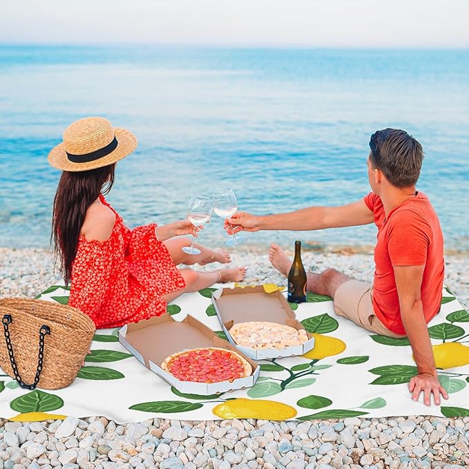 Waterproof Sandproof Beach Blanket 59''×68'' Fruiting Branches Polyester Outdoor Picnic Blanket with 4 Stakes &amp Storage Bag for BeachCampingVacation White
