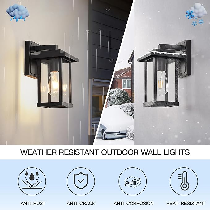 Outdoor Wall Light Fixtures Modern Exterior Wall Mount Lanterns Outside Wall Sconces in Black Finish with Clear Glass for Porch Patio Farmhouse 2-Pack