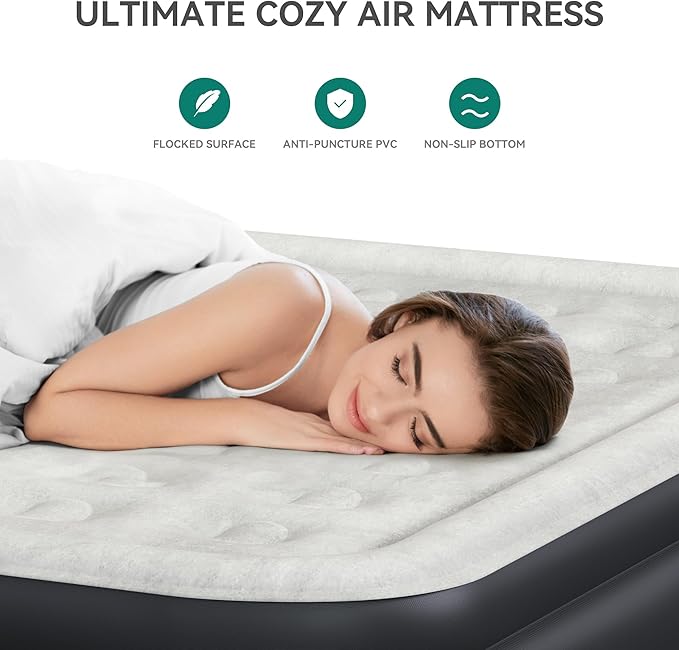 YITAHOME Queen Size Air Mattress with Headboard and Built-in Pump 18in Blow Up Mattress with Carry Bag Repair Kit and Nozzles for Home Camping and Travel
