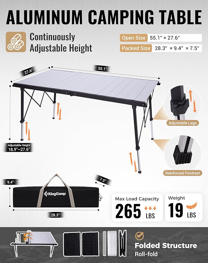 KingCamp Folding Camping Table Foldable 55.1 x27.6 Aluminum Roll Up Table with Adjustable Height 6-7 Person Large Camp Tables Outdoor with Carrying Bag for BBQ Patio Picnic Loads 265 Lbs