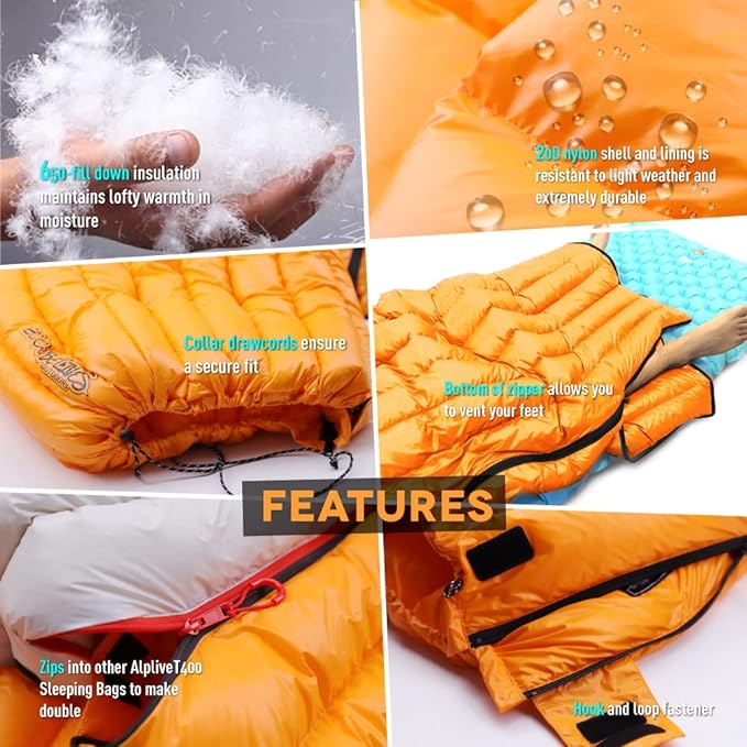 ZOOOBELIVES Ultralight Backpacking 32-50F Down Sleeping Bag - 27oz Ultra Compact 650 Fill Power Envelope Sleeping Bag for Hiking Camping and Backcountry Lightweight and Compressible – Alplive T400