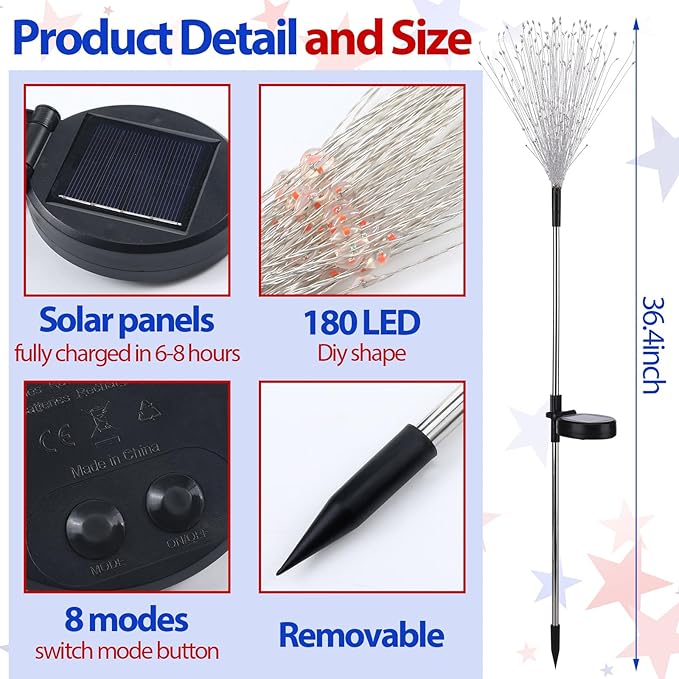 4th of July Decorations Outdoor 4 Pack Colored Solar Firework Lights with 180 LED Patriotic Solar Lights 8 Lighting Modes for Yard Pathway Garden Patio Party Decorations(Red White Blue)