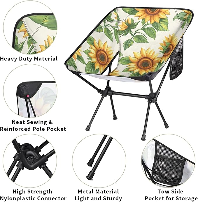 Honeybaby Folding Camping Chair Flower Sunflowers Theme Camping Chairs Lightweight Portable Chair Outdoor Foldable Chairs for Camping Travel Picnic Beach Hiking