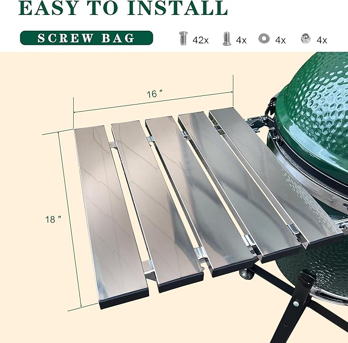Stainless Steel Folding Side Shelves Pair of 2 Fit for Large Big Green Egg Grill 50% More Cooking Area Foldable Grill Table Accessories with Hardware