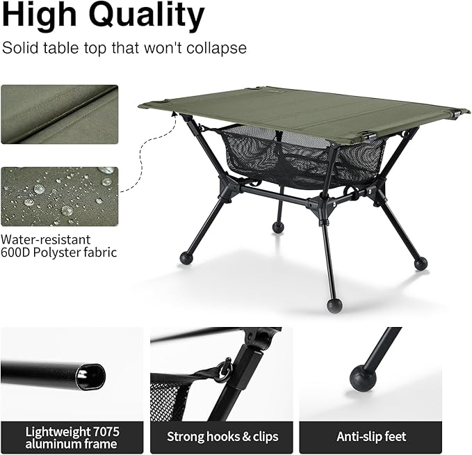 ONETIGRIS Dipper Camping Table Lightweight Portable Folding Table with Mesh Storage Net High/Low Options Ideal for Camping Hiking Tailgating Beach Picnic Travel Backyard