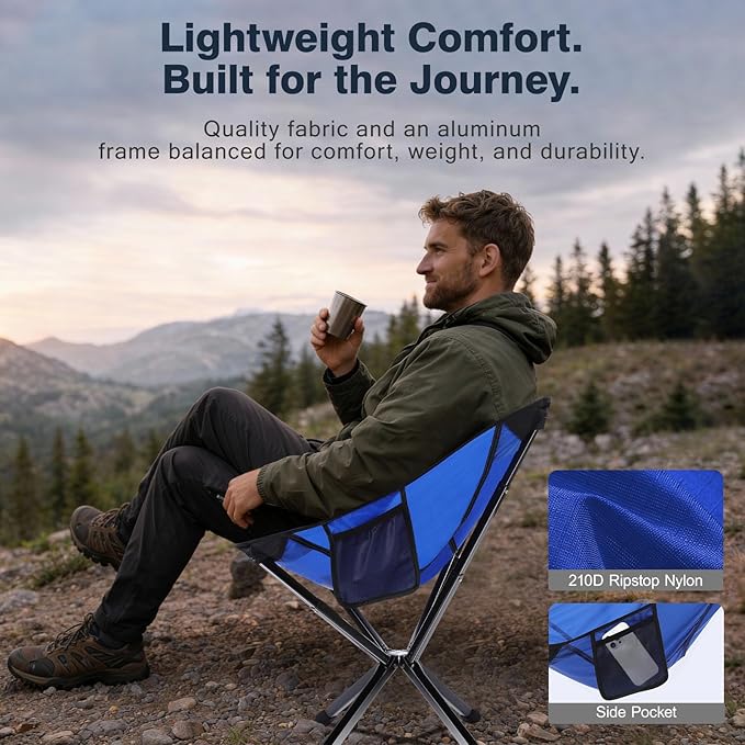 Lightweight Folding Camping Chair — 3.3 lb Compact Portable Design One-Piece No Assembly Structure Aluminum Frame Easy Carry Chair for Travel Hiking Camping &amp Beach
