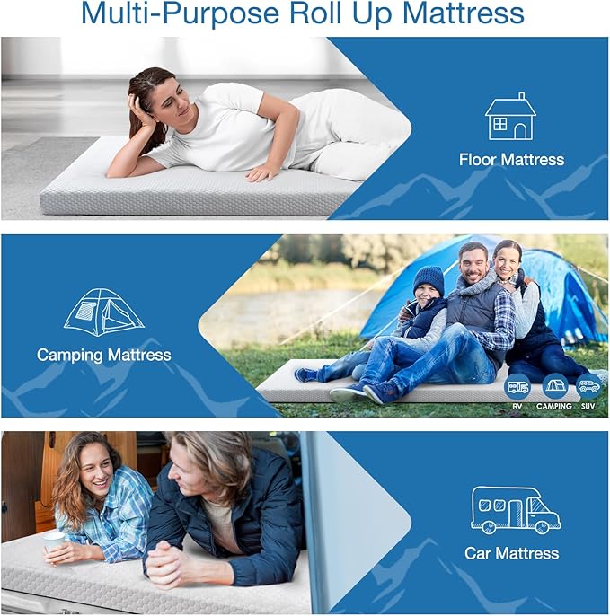 KingChii Memory Foam Camping Mattress Portable Roll Up Sleeping Pad for Road Trip Floor Mat Roll Up Futon Mattress for Guests Sleepoverr