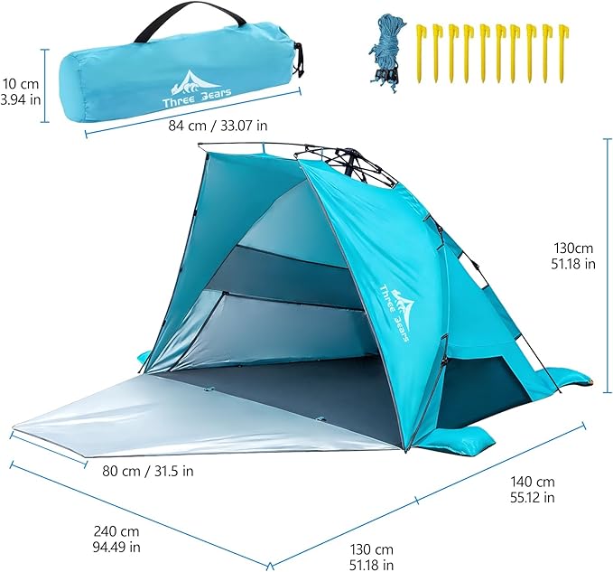 Three Bears Pop Up Beach Tent Sun Shade Shelter for 3-4 Person UPF 50＋ UV Protection Lightweight &amp Easy Setup Beach Shade Canopy Portable Beach Shade Tent Beach Cabana (Blue)