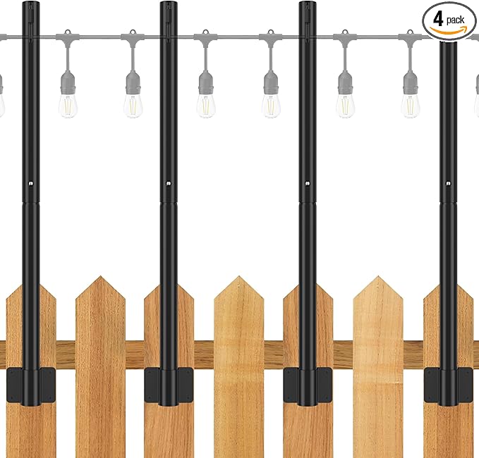 Suchtale 4 Pack 2.8 FT String Light Poles Suspension Outdoor Fence Post Lights with Clip and Bracket Outside String Lights Hanging Wall Mounting Stand for Patio Garden Backyard Wedding Party Black