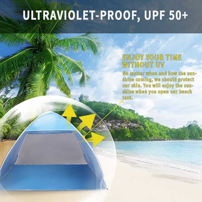 VINGLI 2 Person Beach Tent Pop Up/Camping Tent Sun Shelter Tent Big Automatic Sun Umbrella 2-3 Person Fishing Beach Shelter Blue