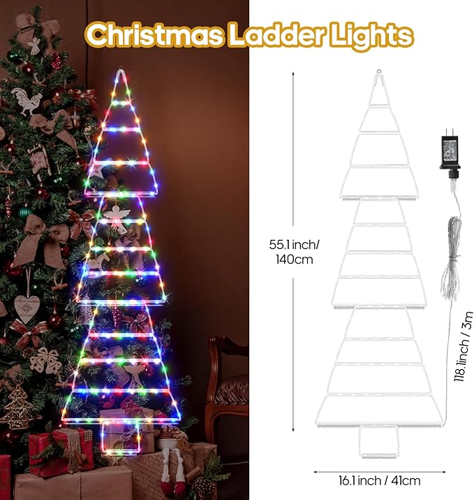 4.6FT LED Christmas Tree Ladder Lights with Remote Plug-in Christmas Window Lights IP65 Waterproof Timer 8 Lighting Modes Window Hanging Light for Indoor Outdoor Wall Door Garden