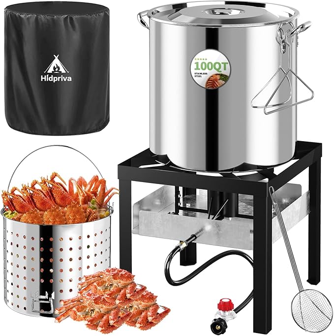 Stainless Steel 100QT Crawfish Boiler Kit Waterproof Cover &amp 18-inch Skimmer 110000BTU Propane Burner Stove 0-20PSIG Regulator Seafood Boil Pot Crab Boil Pot with 80QT Basket
