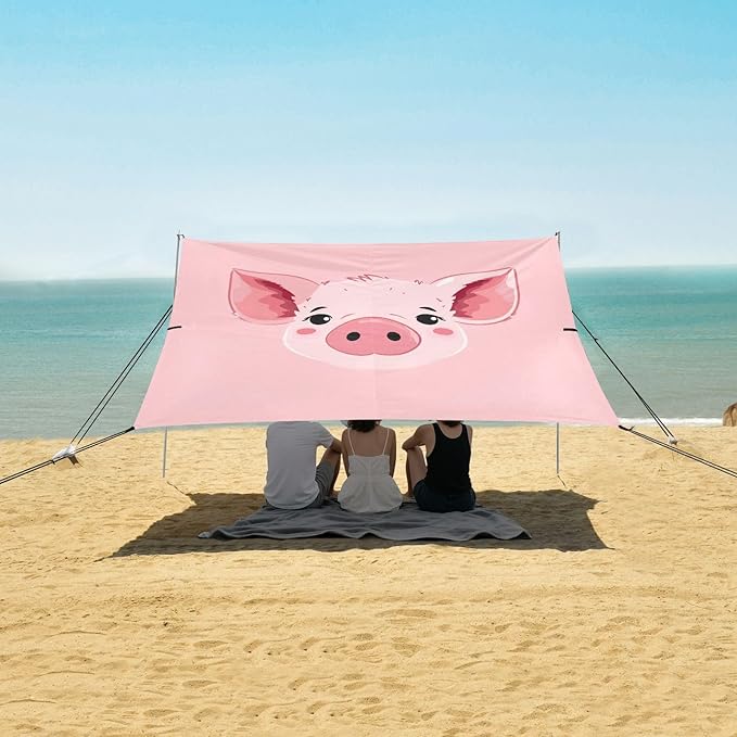 Cute Pig Face Beach Tent Sun Shelter 9.2' x 10.5' Beach Canopy with 4 Sandbags 4 Stability Poles Sand Shovels - Tent Canopy for Beach Camping Fishing Picnics