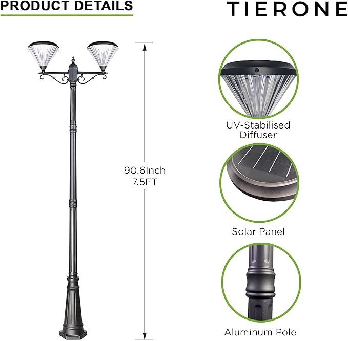 TIERONE 7.5FT LED Post Solar Light Dusk to Dawn Landscape Pathway Dual-Head Pole Light IP65 Waterproof 3000K Warm White Outdoor Street Lights for Lawn Patio Yard Pathway Garden