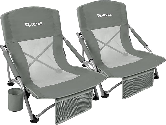 AKSOUL Folding Beach Chair for Adults: Low/High Back Chairs with Carry Bag - Extra Wide Seat Chair with Comfortable Pillow &amp Storage Pocket (1 Pack &amp 2 Pack Blue)