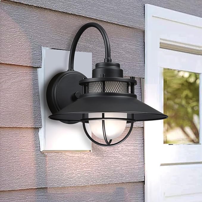 Black Farmhouse Gooseneck Barn Light Dusk to Dawn - Outdoor Wall Lantern with Photocell Sensor Porch Light Dusk to Dawn Outdoor Sconce for Barn Garage Patio E26