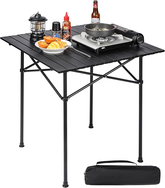 REDCAMP Roll Up Camping Tables That Fold Up Lightweight Portable Compact Metal Camp Table for Grill Outdoor Picnic Black Square 28x28 inches