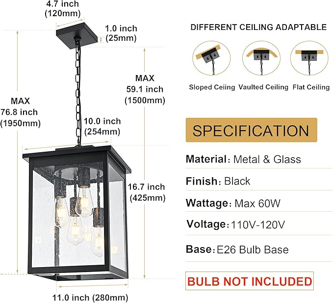 TODOLUZ 4-Lights Large Outdoor Pendant Light Fixture Farmhouse Waterproof Black Porch Hanging Lighting with Adjustable Chain Seeded Glass Panel &amp E26 Bulb Base for Patio Garden Entryway